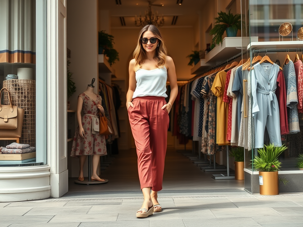 Une femme souriante en vêtements décontractés sort d'une boutique de mode, entourée de vêtements colorés.