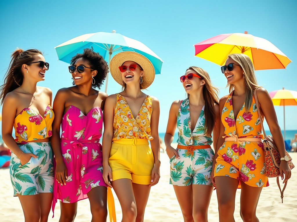 Cinq femmes souriantes portent des tenues colorées sur la plage, à l'ombre de parapluies sous un ciel bleu.