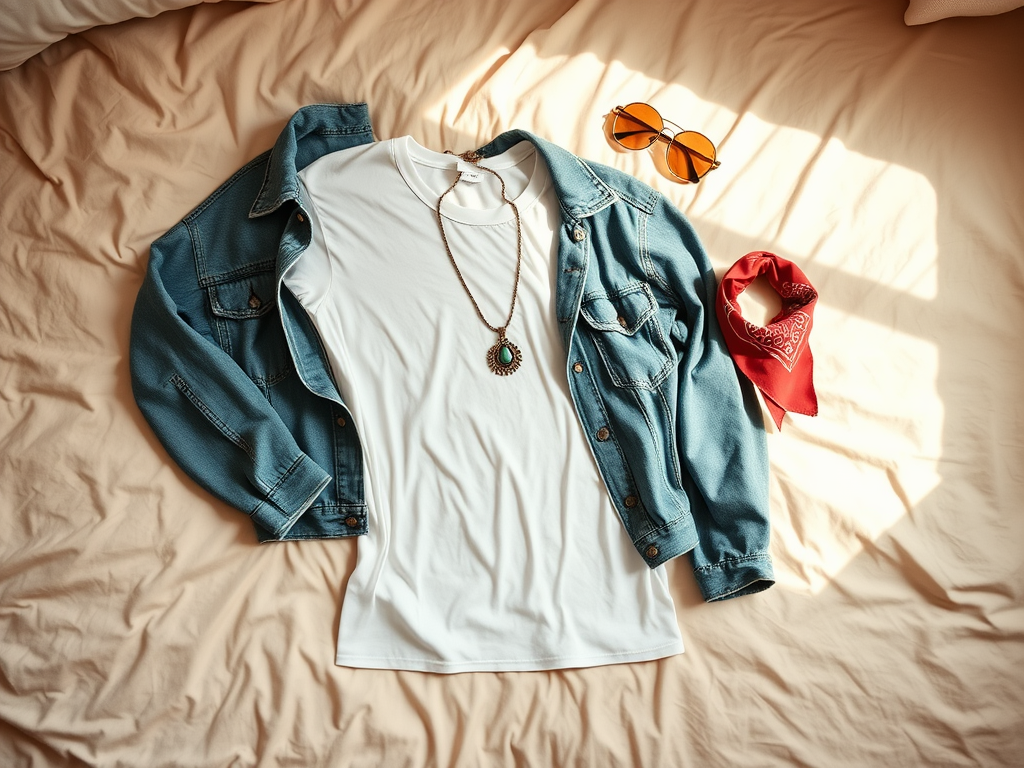 Vêtements posés sur un lit : t-shirt blanc, veste en jean, lunettes de soleil, bandana rouge et collier.