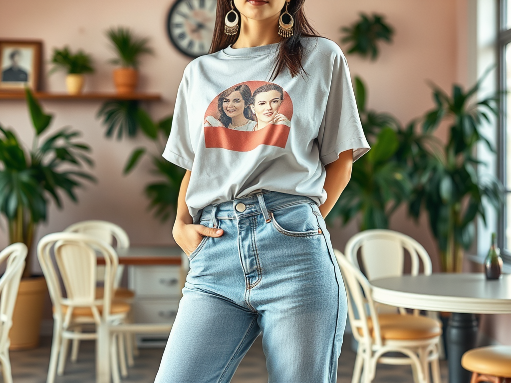 Une femme portant un t-shirt avec des portraits, debout dans un café avec des plantes en arrière-plan.