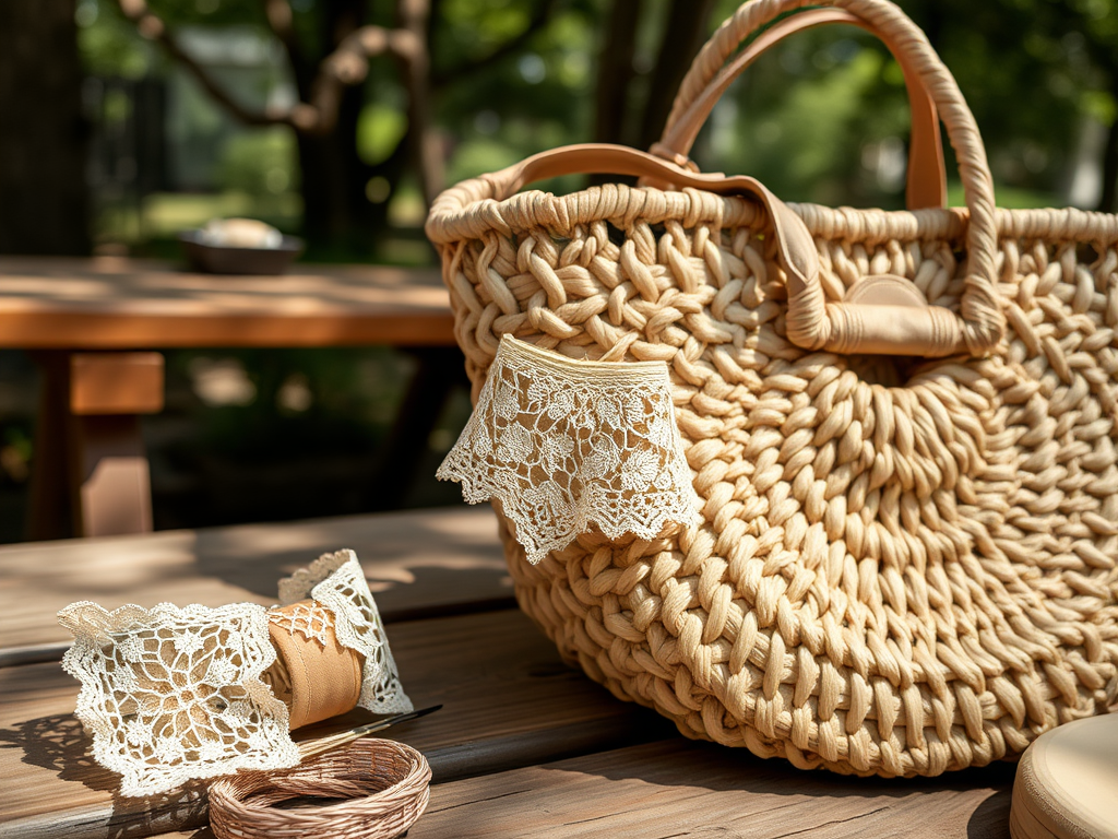 Un panier en osier sur une table en bois, décoré de dentelle et de rouleaux de tissu. Ambiance estivale.