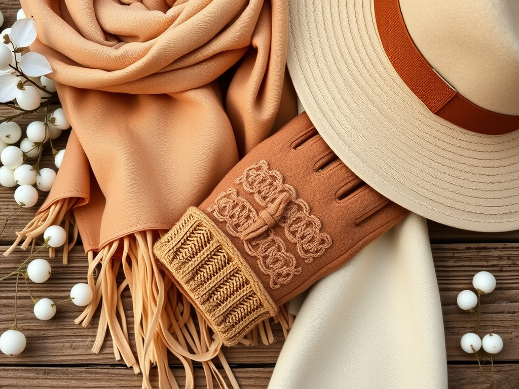 Écharpes et chapeau en couleurs douces, agrémentés de fleurs blanches, sur une surface en bois.