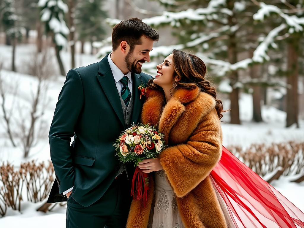 Un couple heureux s'échange des regards amoureux dans un paysage enneigé, entouré d'arbres et de fleurs.