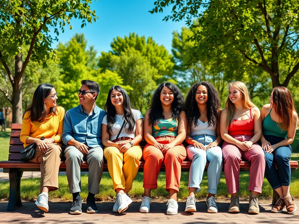 Un groupe de jeunes amis souriants assis sur un banc dans un parc ensoleillé, entourés d'arbres verts.