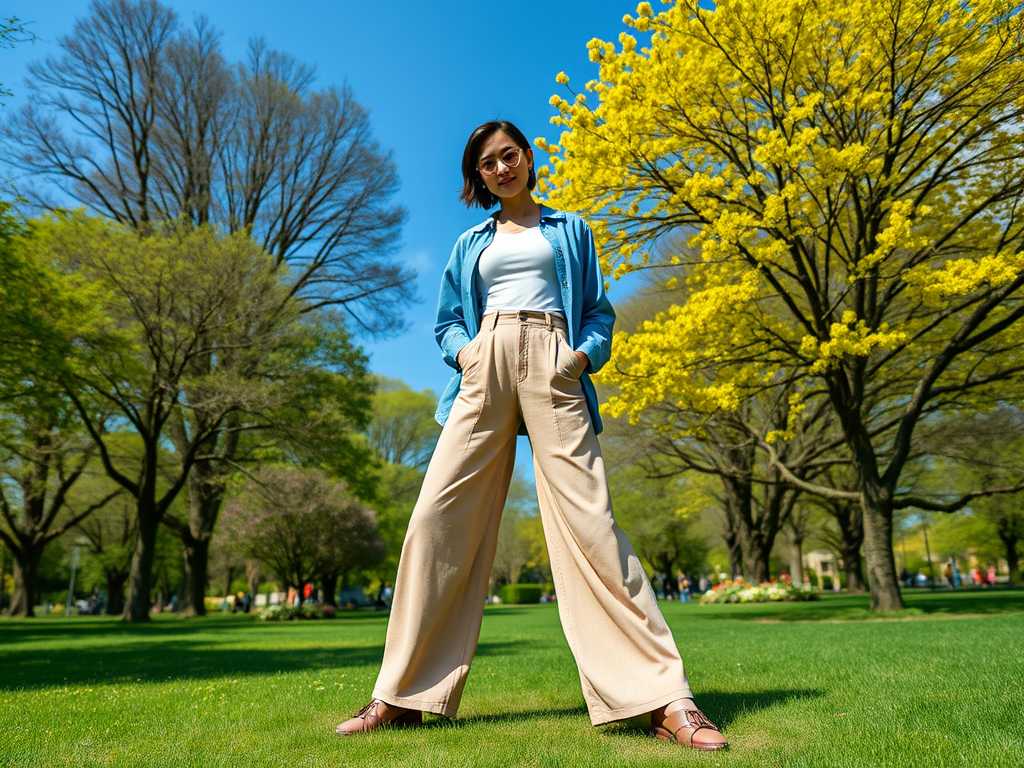 Une femme en pantalon large et chemise, debout sur l'herbe, avec des arbres fleuris en arrière-plan.