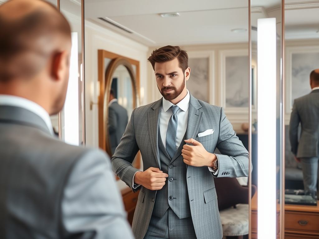 Un homme en costume gris ajuste sa veste devant un miroir dans un environnement élégant.