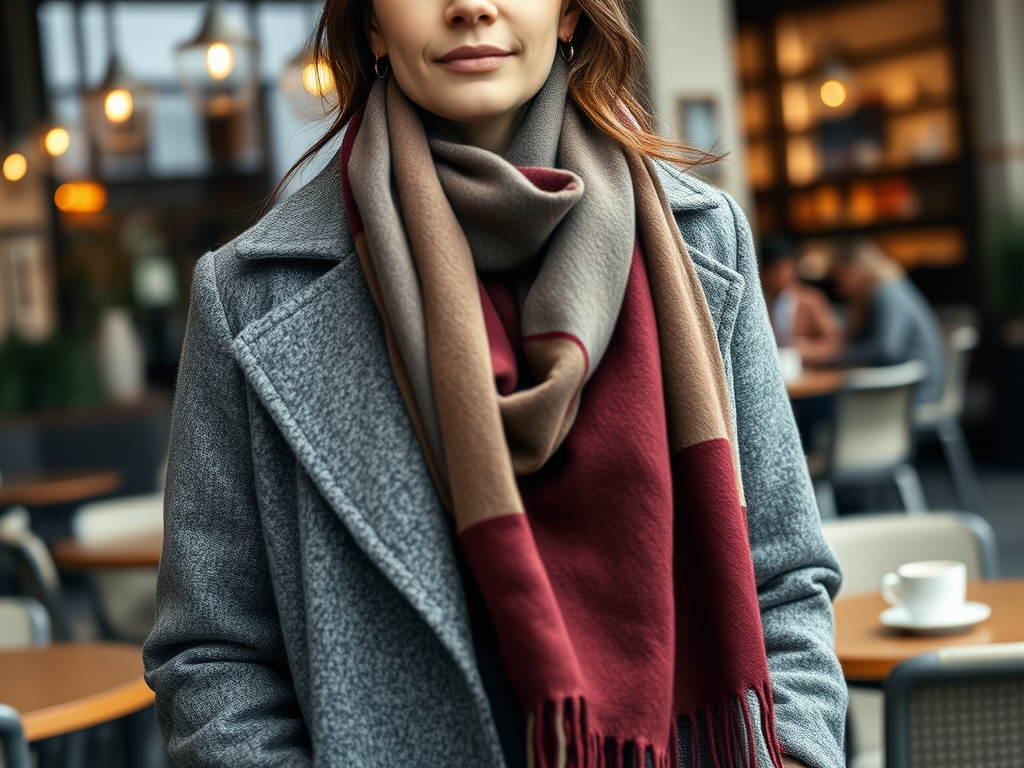 Femme souriante portant un manteau gris et une écharpe aux couleurs chaudes, dans un café moderne.