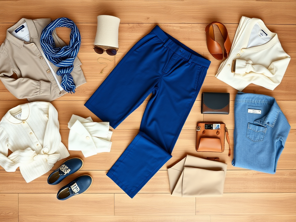 Une collection de vêtements assortis : pantalons bleus, blouses, chaussures et accessoires sur un fond en bois.