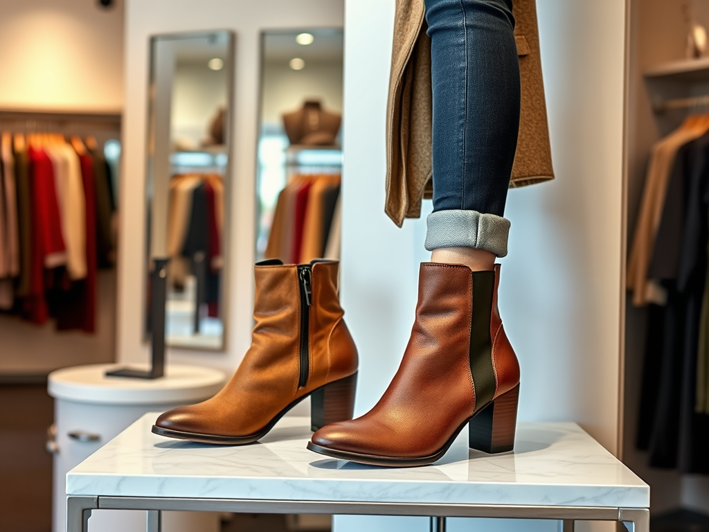 Bottes en cuir marron sur une table dans une boutique avec des vêtements en arrière-plan. Ambiance moderne.