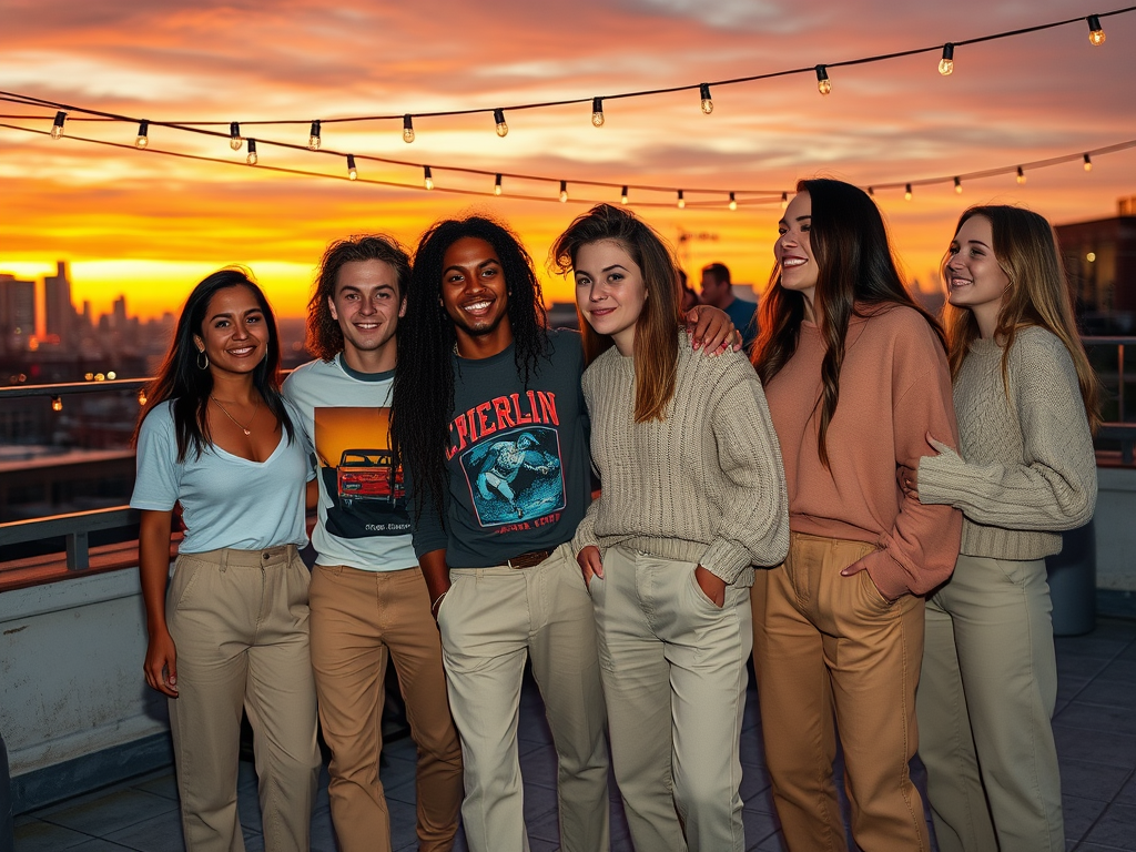 Un groupe de six personnes souriantes sur un toit, avec un coucher de soleil coloré en arrière-plan.