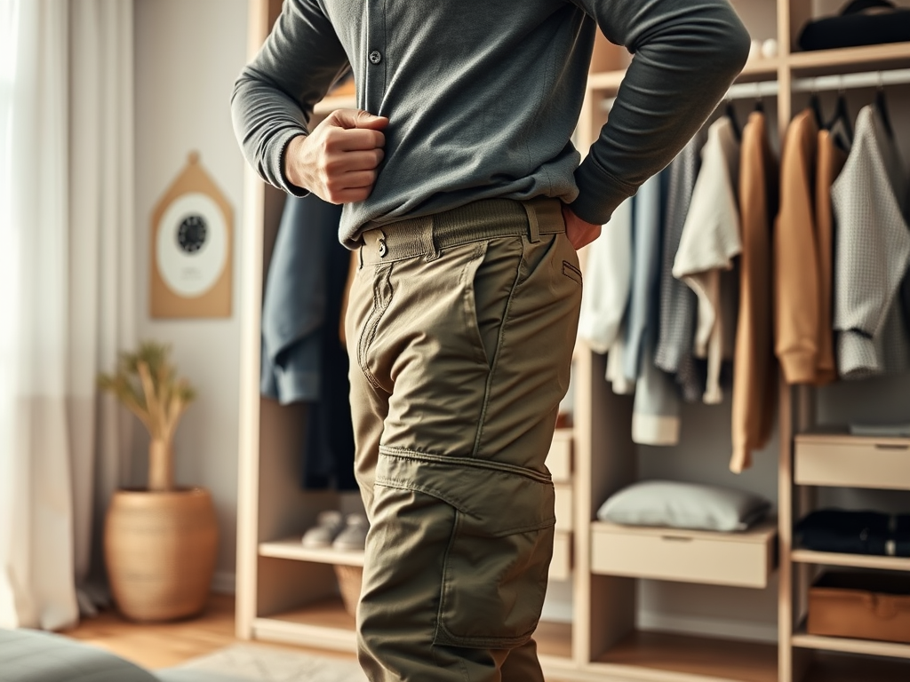 Un homme debout dans une chambre, portant un pull gris et un pantalon kaki, regardant sa garde-robe.