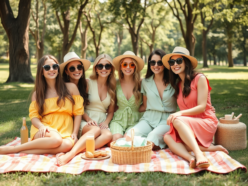 Un groupe de six femmes souriantes au picnic dans un parc, portant des lunettes de soleil et des chapeaux.
