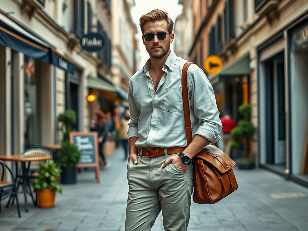 Un homme élégant avec des lunettes de soleil, un sac en cuir, se tient dans une rue animée et stylée.