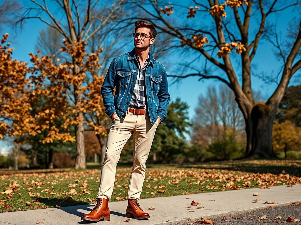 Un homme en jean et chemise se tient dans un parc aux feuilles d'automne, avec un ciel bleu en arrière-plan.