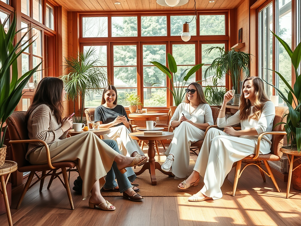 Quatre femmes discutent joyeusement dans un salon lumineux entouré de plantes, avec des boissons et des sourires.